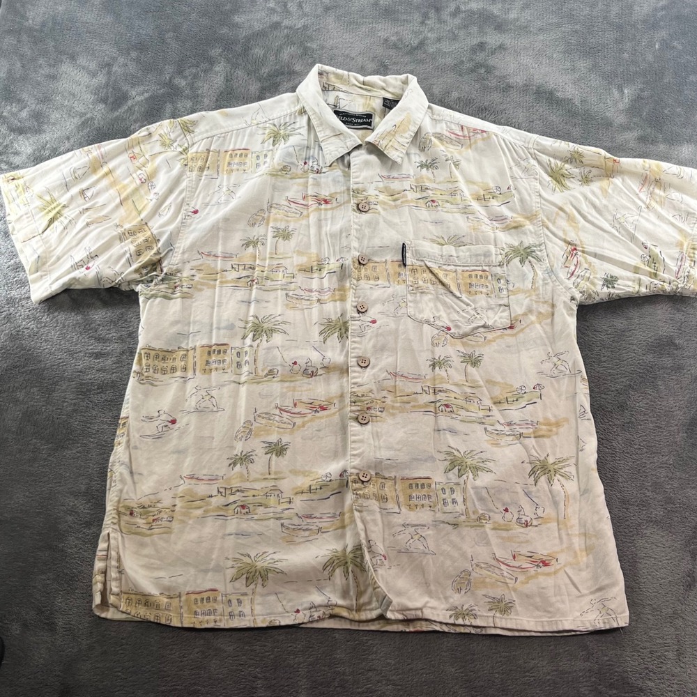 Field & Stream Mens Medium Scenic Tropical Beach Palm Tree Cotton Rayon Shirt